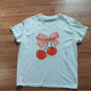 White Short-Sleeve Tee with Cherry Bow Graphic